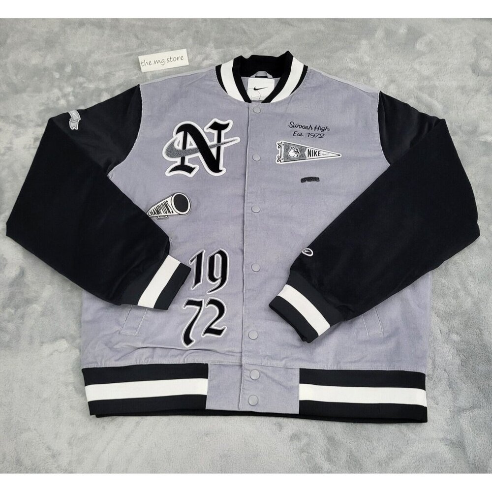 Nike Corduroy Varsity Jacket 1972 Letterman Black Grey Size Large FQ6159-012